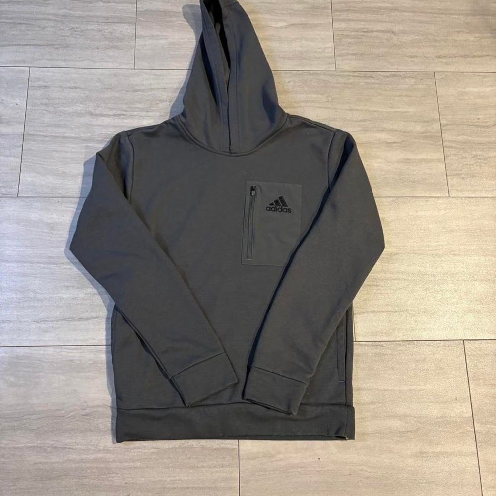 Adidas Mens Gray Fleece Pullover Hoodie Zippered Chest Pocket Sporty Small
